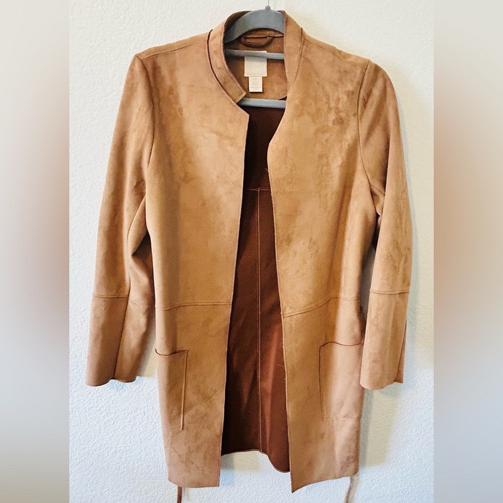 H&M‎ Camel Brown Minimalist Quiet Luxury Faux Suede Coat SZ 4 - Picture 2 of 8